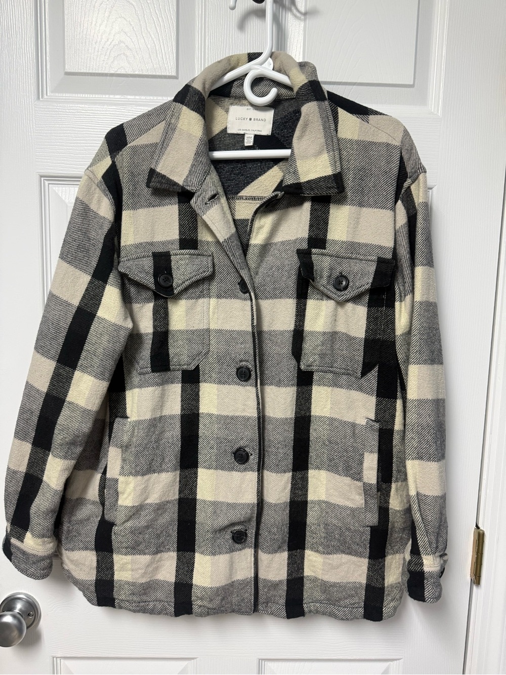 Lucky Brand Black, Cream and Gray Plaid Utility Shacket, relaxed fit
